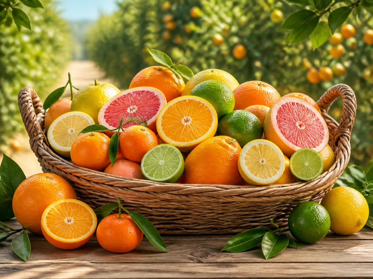 Selección de cítricos frescos — naranja, limón, lima y toronja