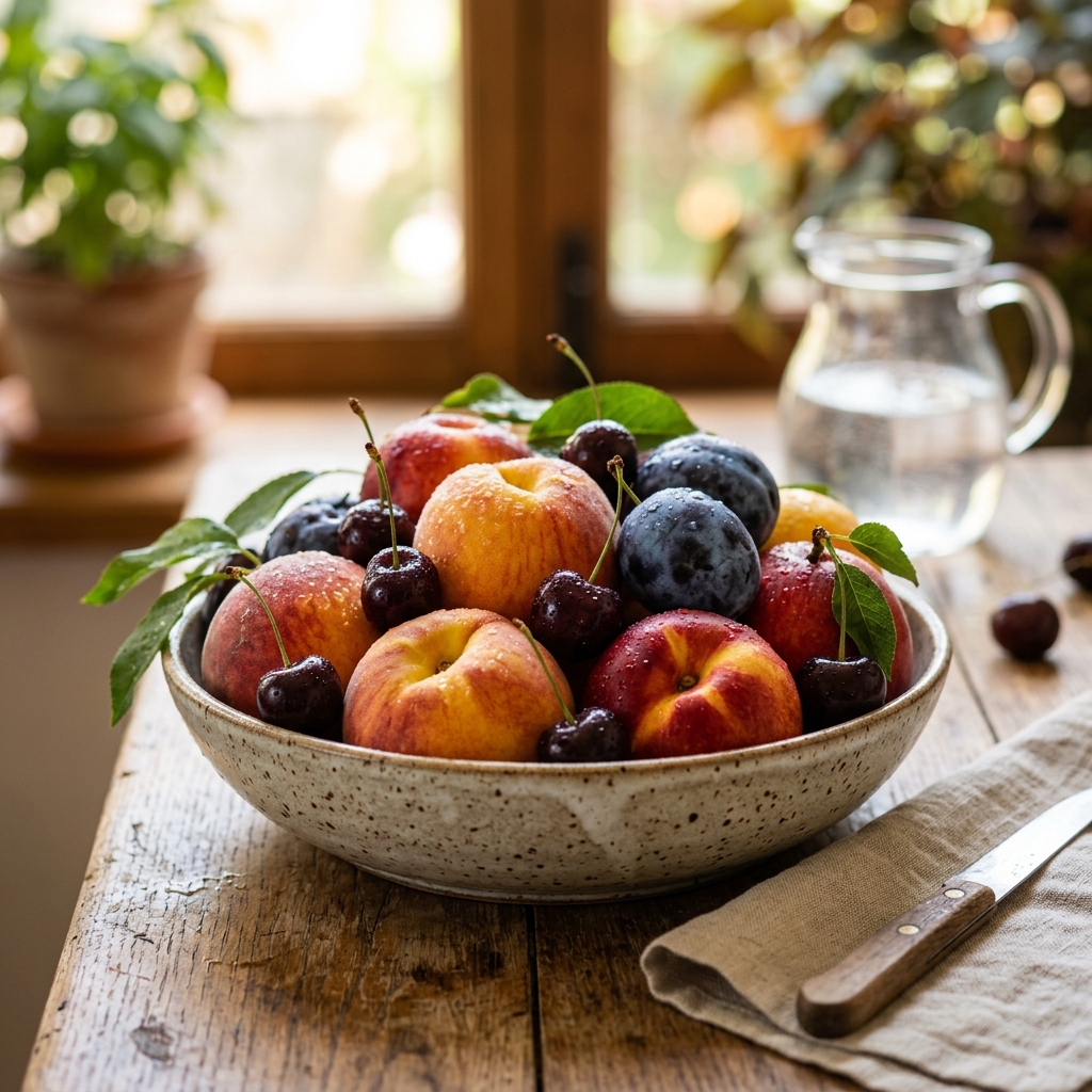 Frutas de carozo Pure Harvest — duraznos y cerezas